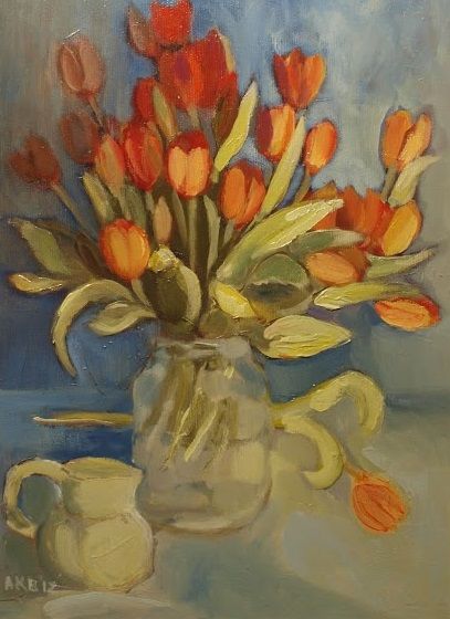 Malarstwo zatytułowany „RED TULIPS” autorstwa Anna  Bardzka, Oryginalna praca, Olej