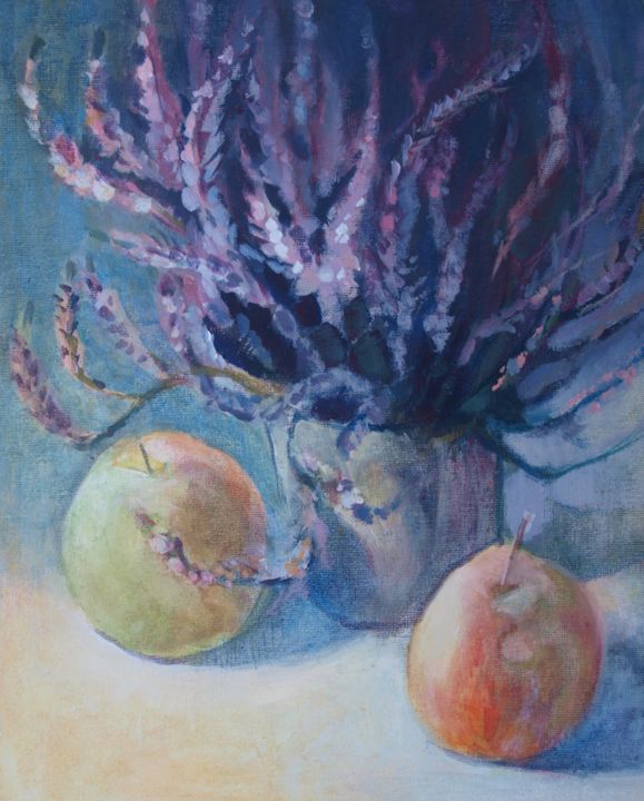 Malarstwo zatytułowany „HEATHER AND APPLES” autorstwa Anna  Bardzka, Oryginalna praca, Olej