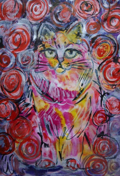 Pintura intitulada "PINK CAT" por Anna  Bardzka, Obras de arte originais