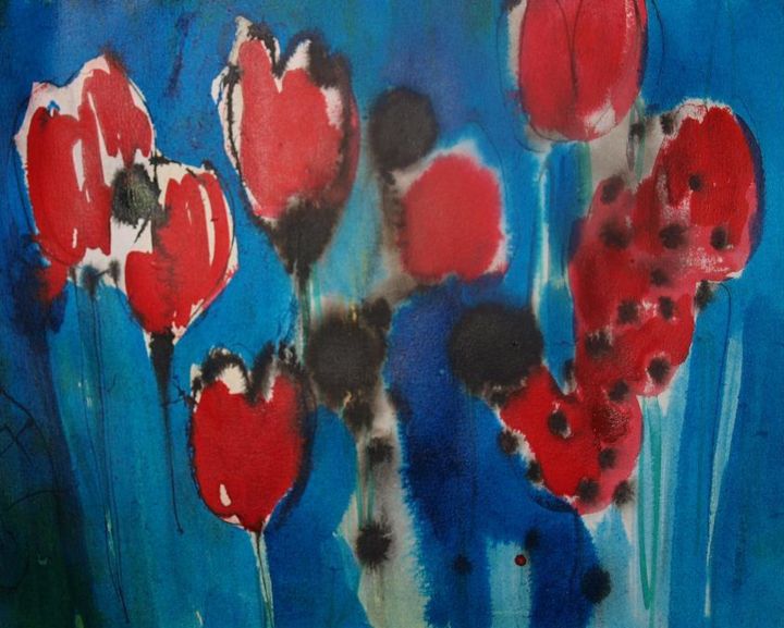 Peinture intitulée "RED TULIPS" par Anna  Bardzka, Œuvre d'art originale, Autre