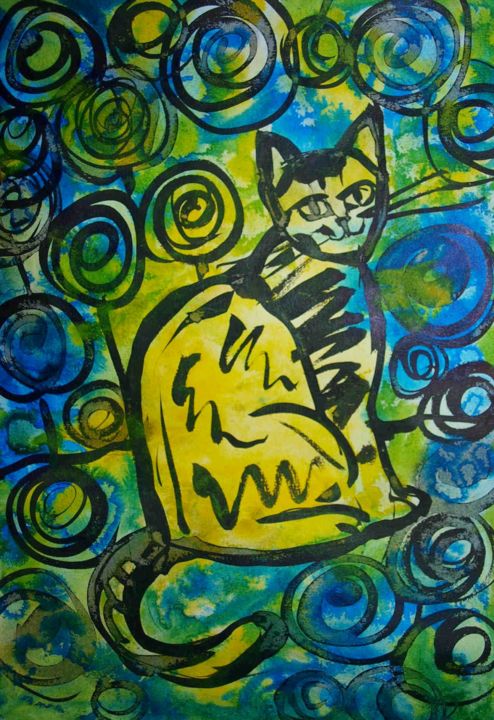 Painting titled "CAT GREEN" by Anna  Bardzka, Original Artwork, Ink