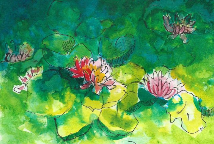 Painting titled "WATERLILIES III" by Anna  Bardzka, Original Artwork