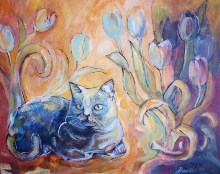Malarstwo zatytułowany „CAT AND TULIPS III” autorstwa Anna  Bardzka, Oryginalna praca, Akryl