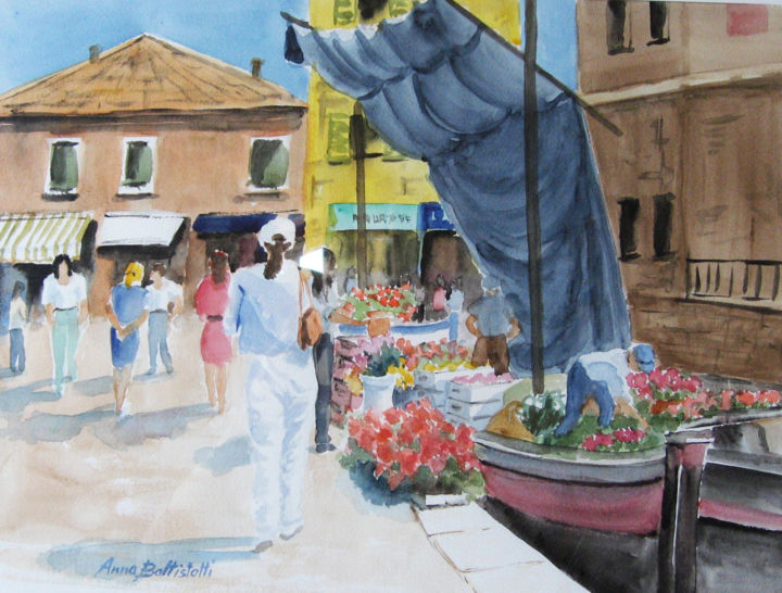 Peinture intitulée "Mercato dei fiori a…" par Anna Battistotti, Œuvre d'art originale, Aquarelle