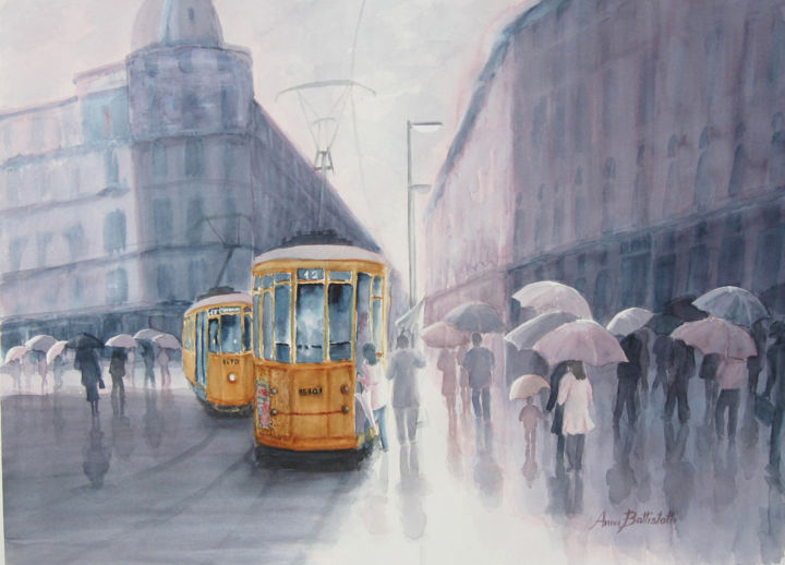 Painting titled "Ora di punta in pia…" by Anna Battistotti, Original Artwork, Watercolor