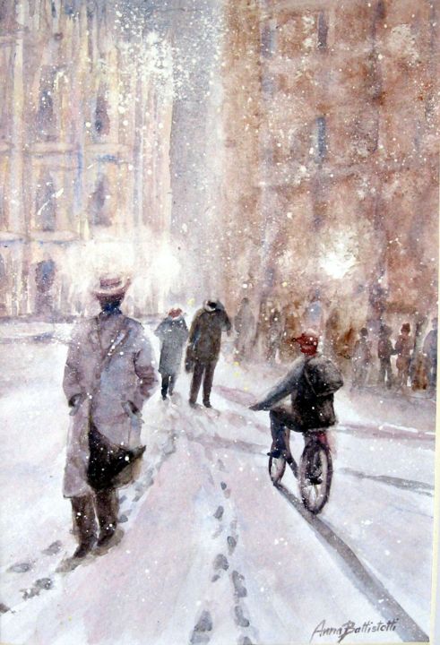 Pintura intitulada "Nevicata in Piazza…" por Anna Battistotti, Obras de arte originais, Aquarela