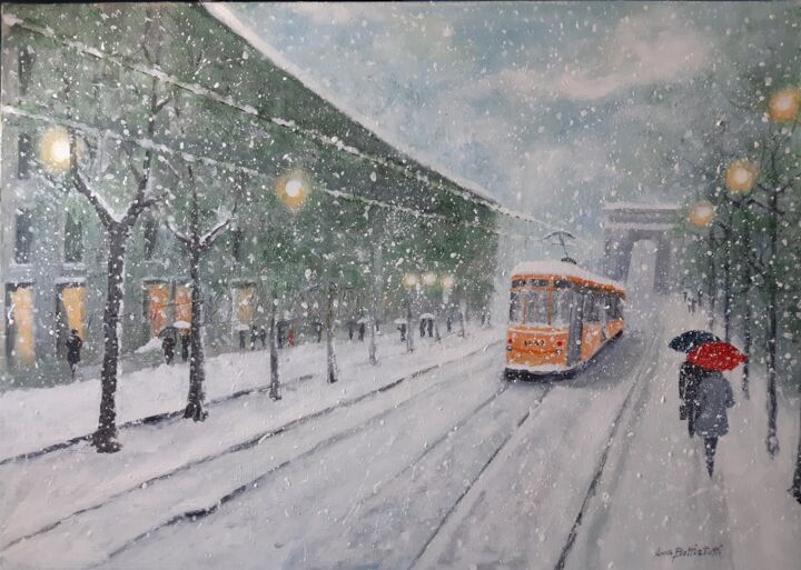 Painting titled "Milano sotto la neve" by Anna Battistotti, Original Artwork, Acrylic