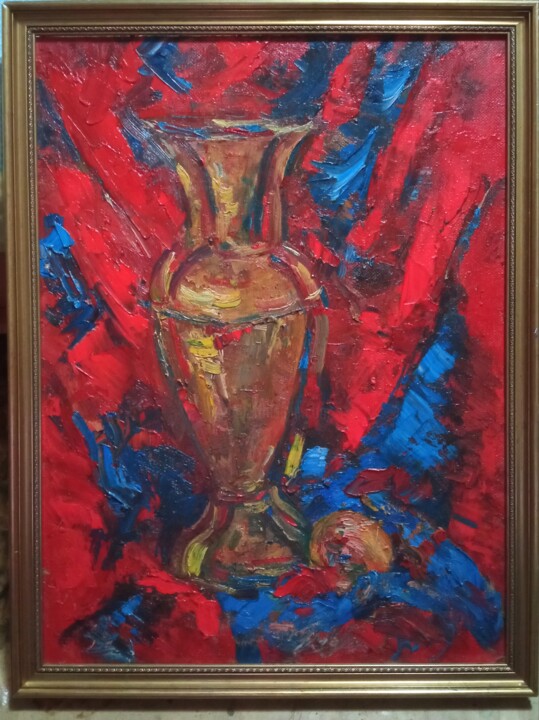 Painting titled "Бронза на сине-крас…" by Anna Bazan, Original Artwork, Oil