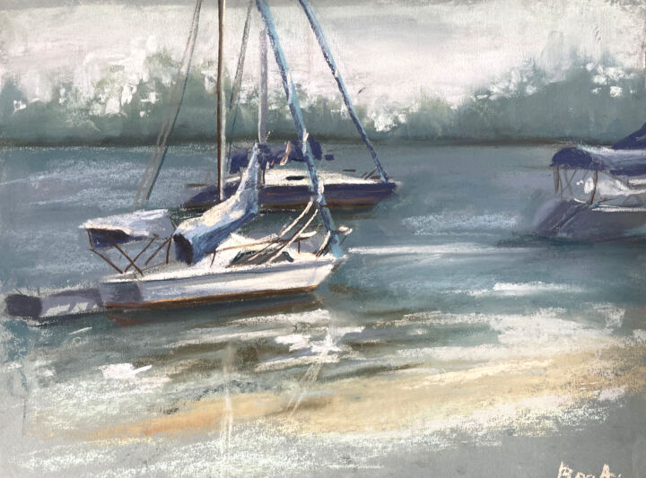 Dessin intitulée "Boats in the sea" par Anna Bogushevskaya, Œuvre d'art originale, Pastel