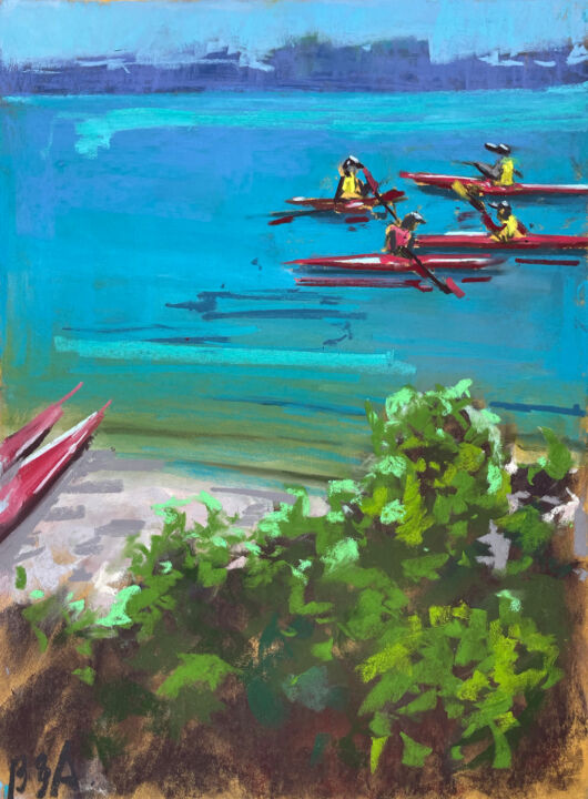 Dessin intitulée "red kayaks" par Anna Bogushevskaya, Œuvre d'art originale, Pastel