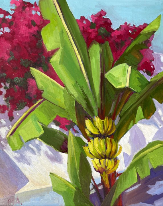 제목이 "pink flowers, banan…"인 미술작품 Anna Bogushevskaya로, 원작, 기름 나무 들것 프레임에 장착됨