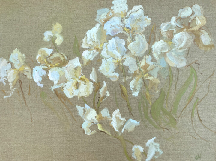 Painting titled "White Roses" by Anna Bogushevskaya, Original Artwork, Oil Mounted on Wood Stretcher frame