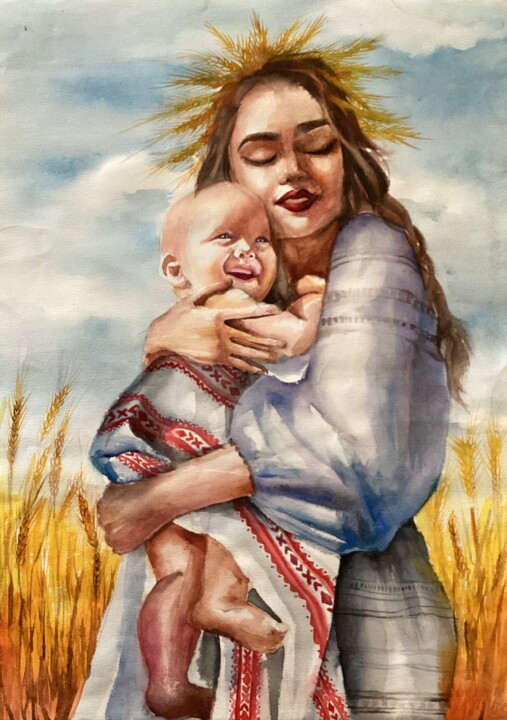 Painting titled "Mommy's hugs" by Anna Borsevskaa, Original Artwork, Watercolor