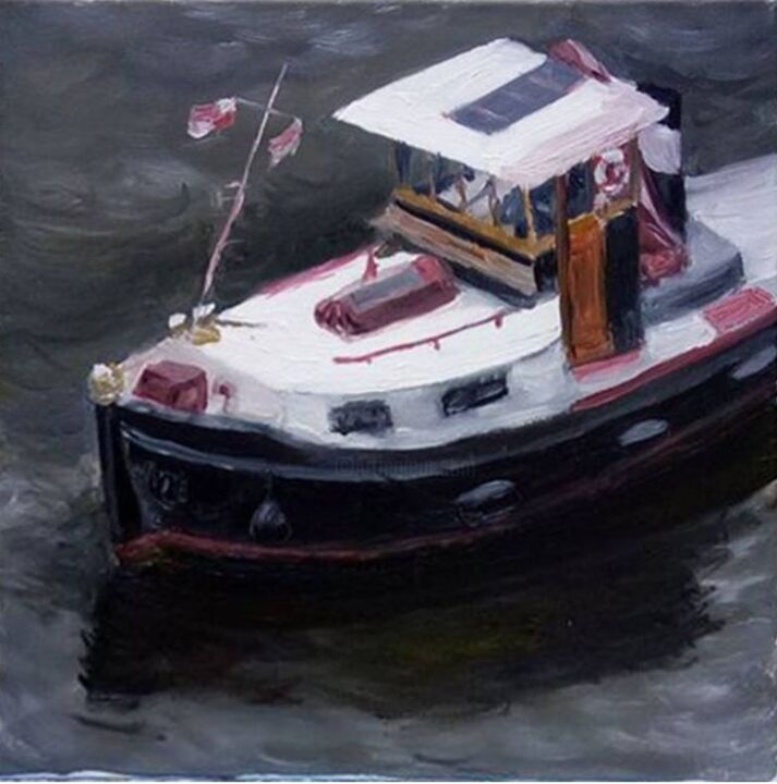 Schilderij getiteld "Boat" door Anna Brazhnikova, Origineel Kunstwerk, Olie Gemonteerd op Frame voor houten brancard