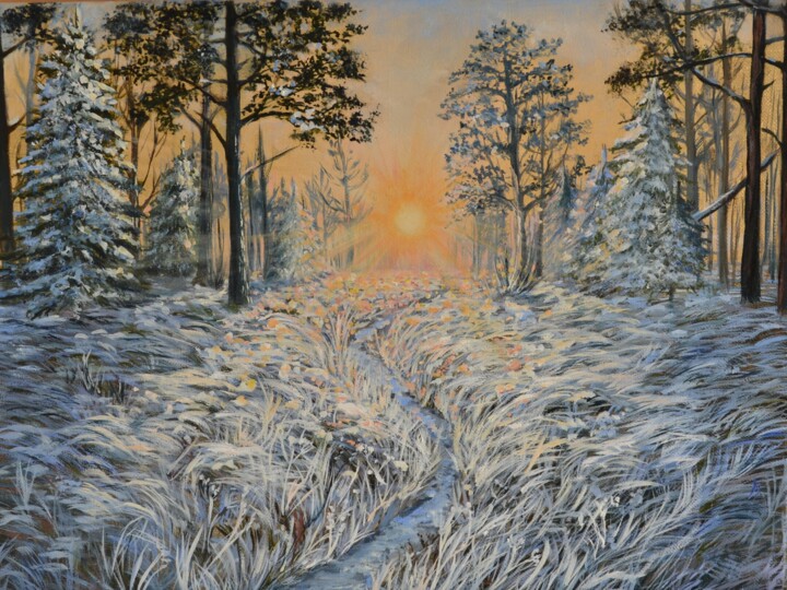 Painting titled "Первый снег" by Anna Bychkova, Original Artwork, Oil