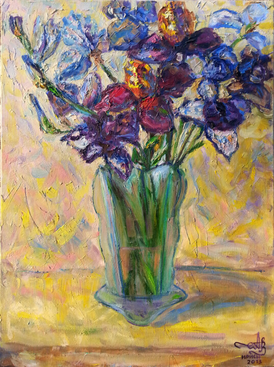 Schilderij getiteld "Irises" door Anna Churyukina, Origineel Kunstwerk, Olie