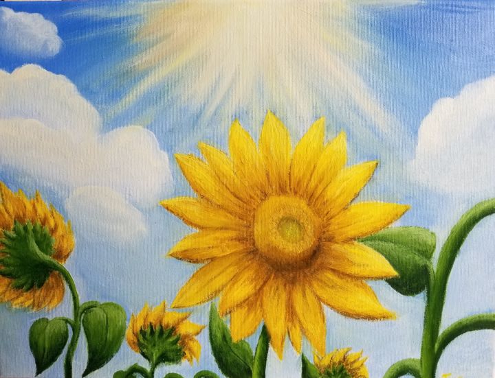 Painting titled "Sunny flowers." by Anna Firefly, Original Artwork, Oil Mounted on Wood Stretcher frame