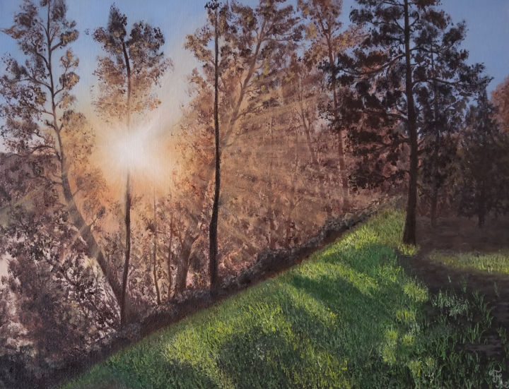 Painting titled "Sunset" by Anna Firefly, Original Artwork, Oil Mounted on Wood Stretcher frame