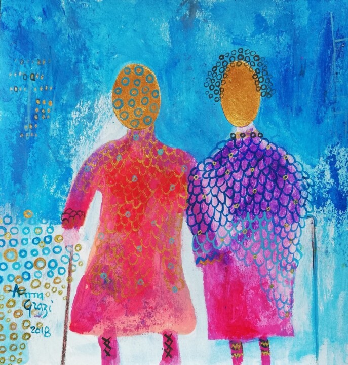 Peinture intitulée "Les vieilles soeurs" par Anna Grazi, Œuvre d'art originale, Acrylique