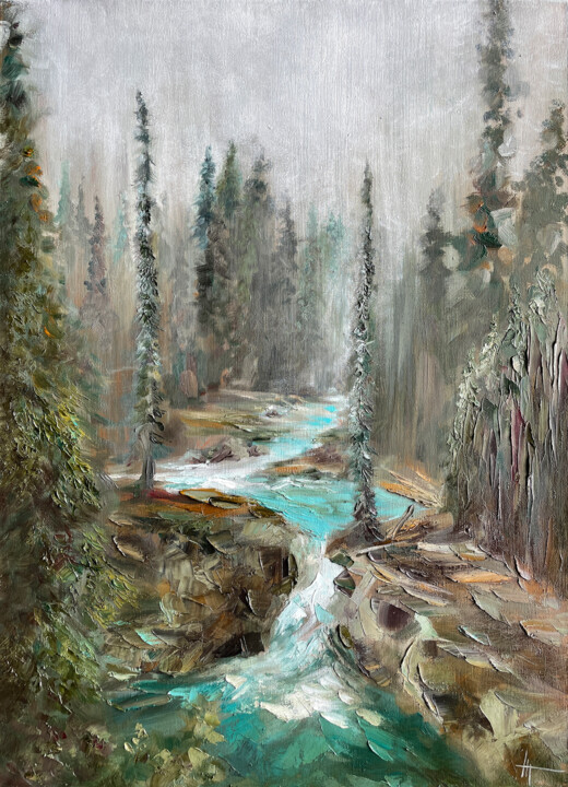 Malerei mit dem Titel "FOREST RIVER" von Anna Gurechkina, Original-Kunstwerk, Öl Auf Keilrahmen aus Holz montiert