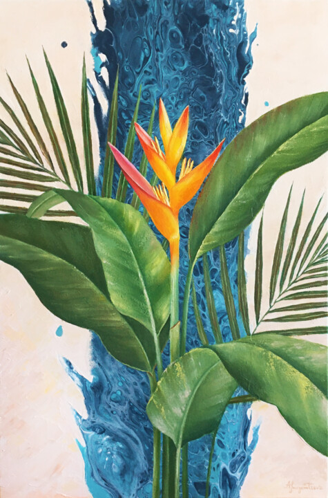 Painting titled "Tropical Plants" by Anna Inozemtseva, Original Artwork, Oil Mounted on Wood Stretcher frame