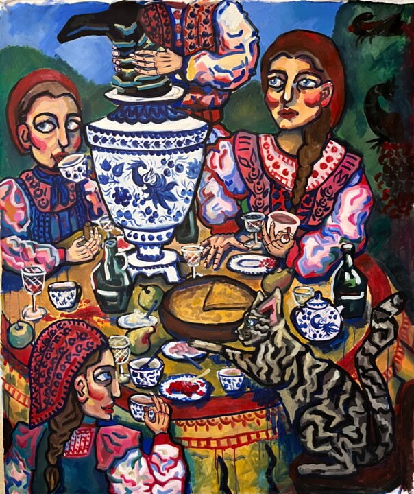 Malerei mit dem Titel "Awkward tea party" von Anna Jennifer, Original-Kunstwerk, Acryl