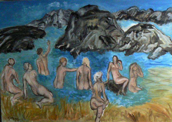 Painting titled "Rocks and bathers" by Anna Langowski, Original Artwork, Oil