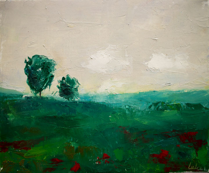 Painting titled "Landscape painting…" by Lubchik, Original Artwork, Oil Mounted on Wood Stretcher frame