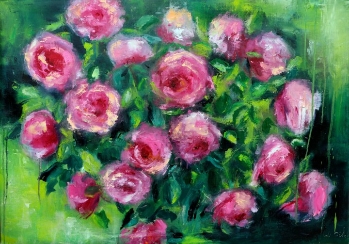 Painting titled "Climbing Roses pain…" by Lubchik, Original Artwork, Oil Mounted on Wood Stretcher frame