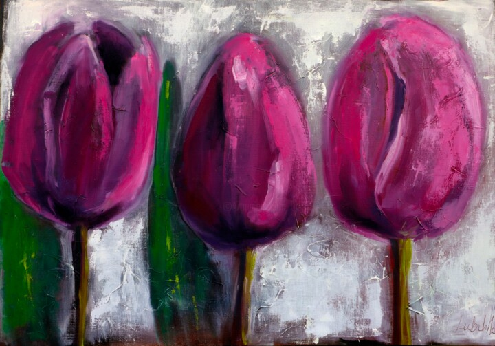 Malarstwo zatytułowany „Pink Tulips Paintin…” autorstwa Lubchik, Oryginalna praca, Olej Zamontowany na Drewniana rama noszy