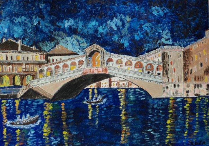 Pittura intitolato "venezia-di-notte-ol…" da Anna Maria Nemeh Anastasio, Opera d'arte originale