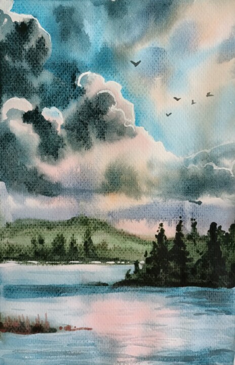 Painting titled "Lake view" by Anna-Maria Pastinaru, Original Artwork, Watercolor