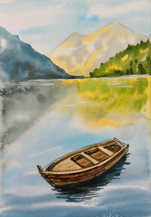Malerei mit dem Titel "The boat on a mount…" von Anna-Maria Pastinaru, Original-Kunstwerk, Aquarell