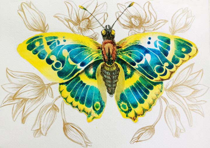Painting titled "The butterfly" by Anna-Maria Pastinaru, Original Artwork, Watercolor
