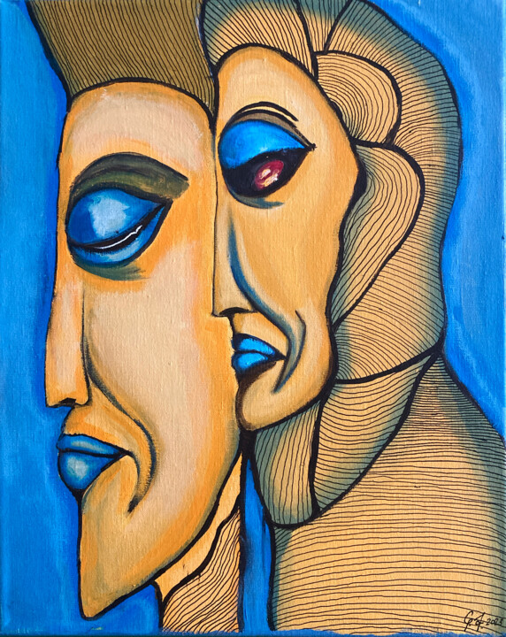 Painting titled "Sphinxes" by Anna Maria Valesova, Original Artwork, Acrylic Mounted on Wood Stretcher frame
