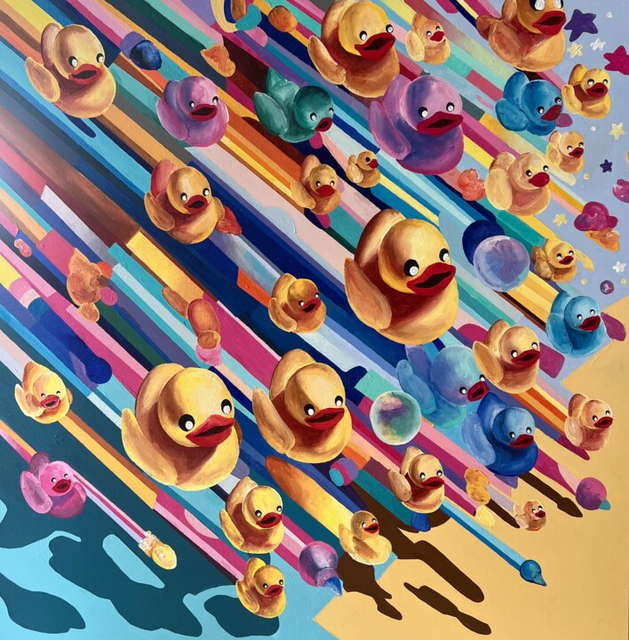 Painting titled "Duckies Pilots" by Anna Meyster, Original Artwork, Acrylic Mounted on Wood Stretcher frame