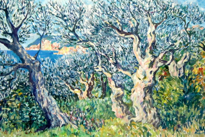 Malerei mit dem Titel "Old Olive Garden on…" von Anna Mikheeva, Original-Kunstwerk, Öl