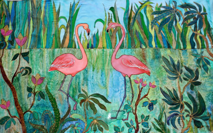 Schilderij getiteld "Flamingos on the la…" door Anna Mikheeva, Origineel Kunstwerk, Anders