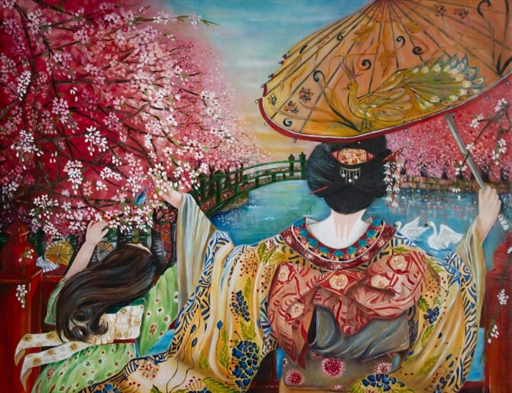 Painting titled "HANAMI... Joy in Pa…" by Anna Nuzzo, Original Artwork, Oil