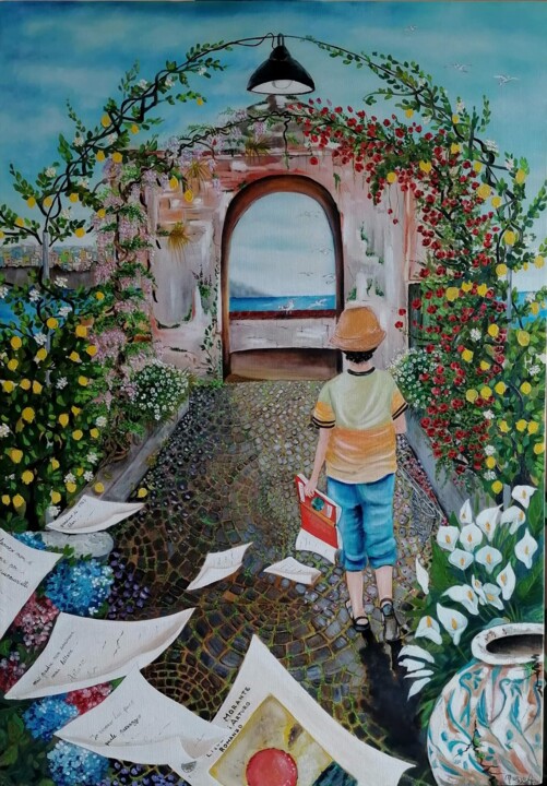 Painting titled "Arturo nel giardino…" by Anna Nuzzo, Original Artwork, Oil