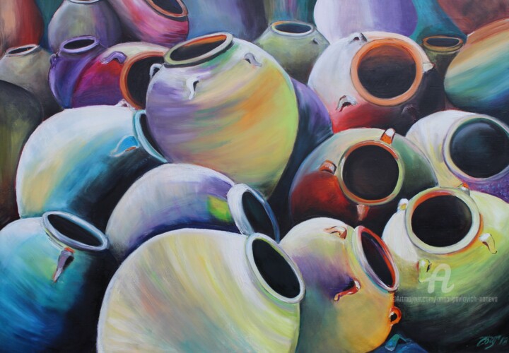 Painting titled "Amphoras with H2O" by Anna Pavlovich-Naneva, Original Artwork, Oil Mounted on Wood Stretcher frame