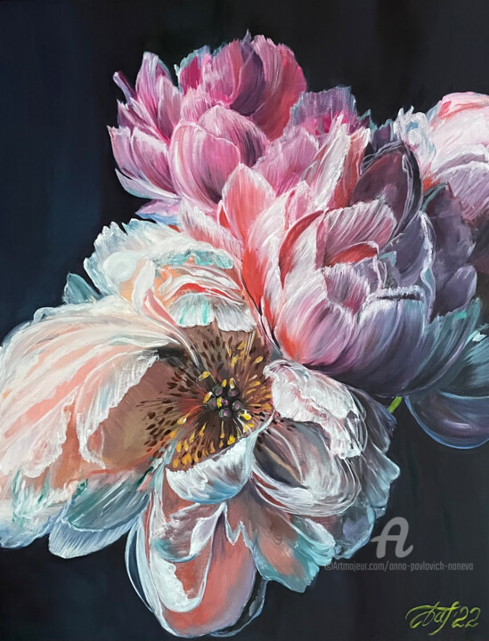 Painting titled "Peonies flowers" by Anna Pavlovich-Naneva, Original Artwork, Oil
