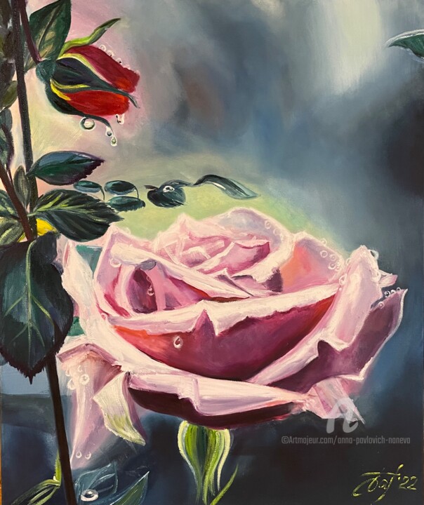 Painting titled "Wild rose" by Anna Pavlovich-Naneva, Original Artwork, Oil Mounted on Wood Stretcher frame