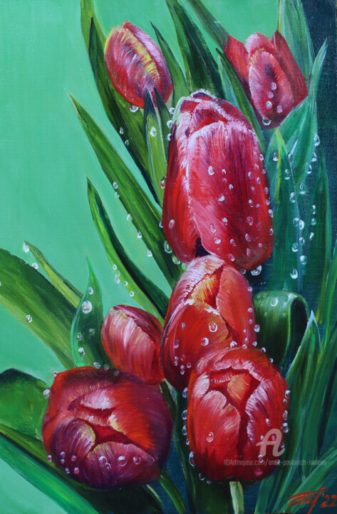 Painting titled "Seven tulips" by Anna Pavlovich-Naneva, Original Artwork, Oil Mounted on Wood Stretcher frame