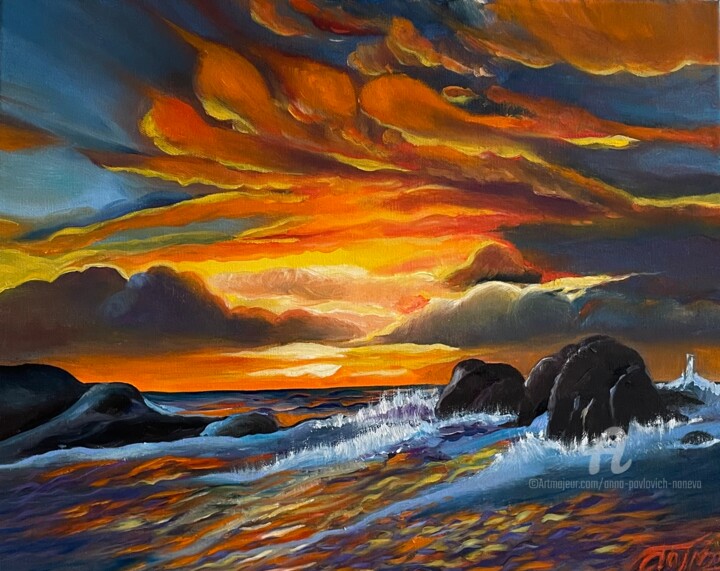 Painting titled "Sunset" by Anna Pavlovich-Naneva, Original Artwork, Oil Mounted on Wood Stretcher frame