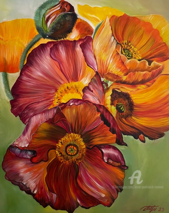 Painting titled "Fiery poppies" by Anna Pavlovich-Naneva, Original Artwork, Oil Mounted on Wood Stretcher frame