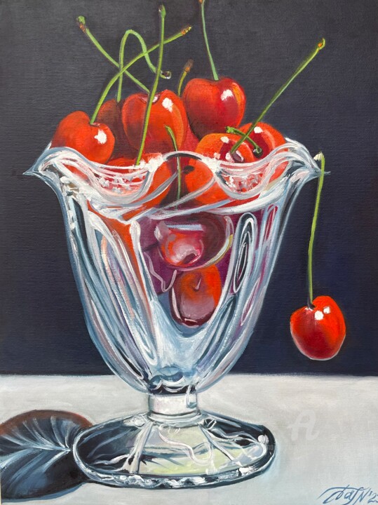 Painting titled "Cherry in a vase" by Anna Pavlovich-Naneva, Original Artwork, Oil Mounted on Wood Stretcher frame
