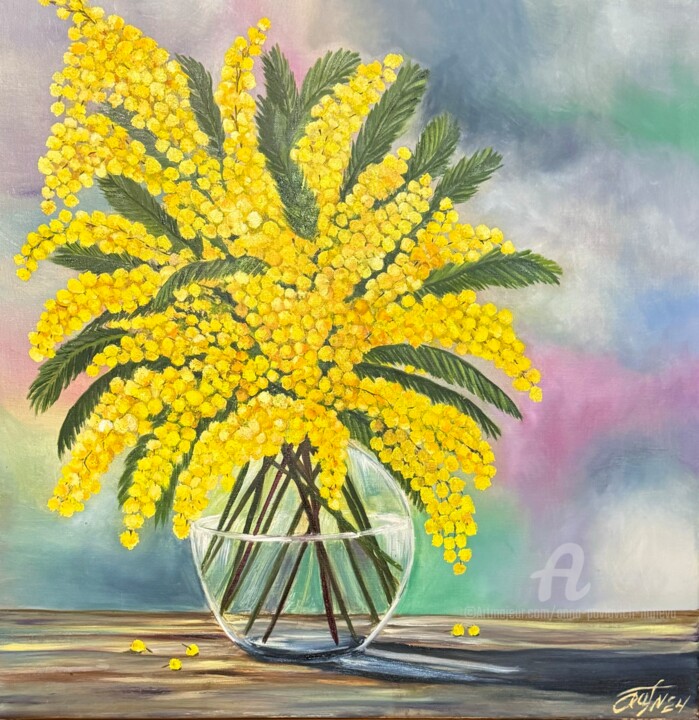 Painting titled "Mimosa" by Anna Pavlovich-Naneva, Original Artwork, Oil Mounted on Wood Stretcher frame