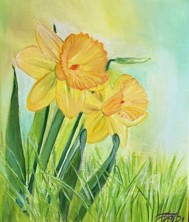 Painting titled "Two daffodils" by Anna Pavlovich-Naneva, Original Artwork, Oil Mounted on Wood Stretcher frame