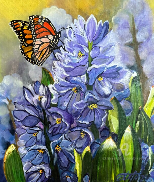 Painting titled "Butterfly and hyaci…" by Anna Pavlovich-Naneva, Original Artwork, Oil Mounted on Wood Stretcher frame